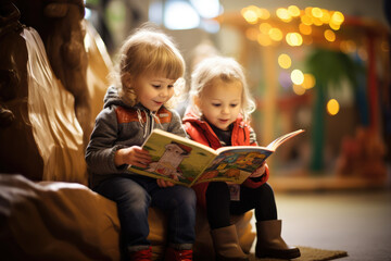 kids reading book in a kindergarten school - obrazy, fototapety, plakaty