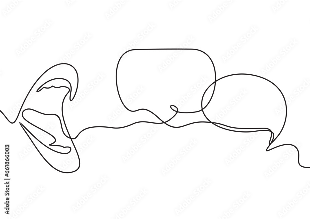 Poster one continuous line design of mouth with speech bubble. decorative elements drawn on a white backgro