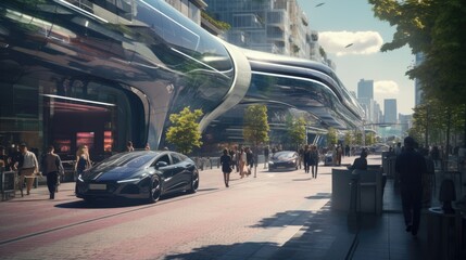 Futuristic street with vehicles and people