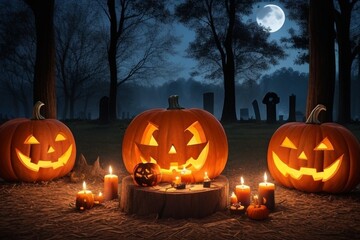 Halloween pumpkin head jack lantern with burning candles, Spooky Forest with a full moon