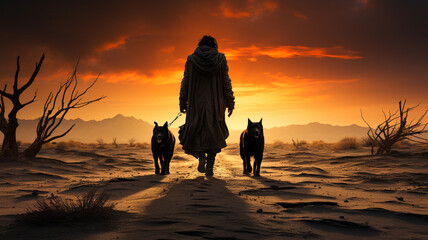 halloween scene. woman walking in the autumn forest with a cat in her hands.