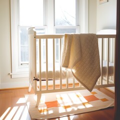 A baby's crib in a sunlit nursery. Great for stories on family, babies, childbirth, nursery, décor and more.  - obrazy, fototapety, plakaty