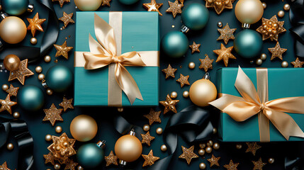 Obraz na płótnie Canvas Illustration of festive gift boxes decorated with multicolored silk ribbons, surrounded by stylish Christmas decorations, stars, snowflakes on a soft background. Generative AI