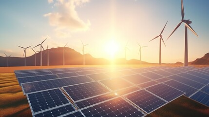 clean energy concept, photovoltaic panels and wind turbines in the light of the rising sun.