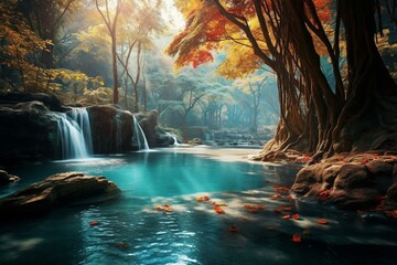 Beautiful scene of autumn near the Erawan waterfall, with a mesmerizing emerald pool. Generative AI