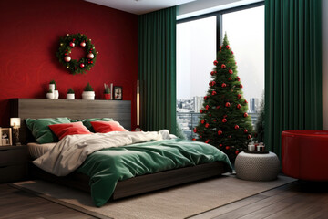 Christmas interior in bedroom decorated red and green color with Xmas tree and wreath. Luxury hotel for winter holiday weekend.