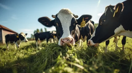Fotobehang Healthy cows eating food at the farm © Fly Frames