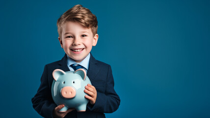 Fototapeta na wymiar portrait of child business hold pig bank on blue background, copy space