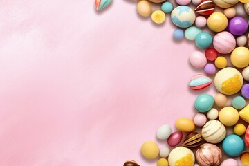 Fototapeta na wymiar Website banner in pastel colors with Easter eggs, chocolate, candy, and space theme. Generative AI