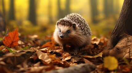 Hedgehog walking through the autumn forest