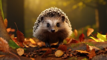 Hedgehog walking through the autumn forest