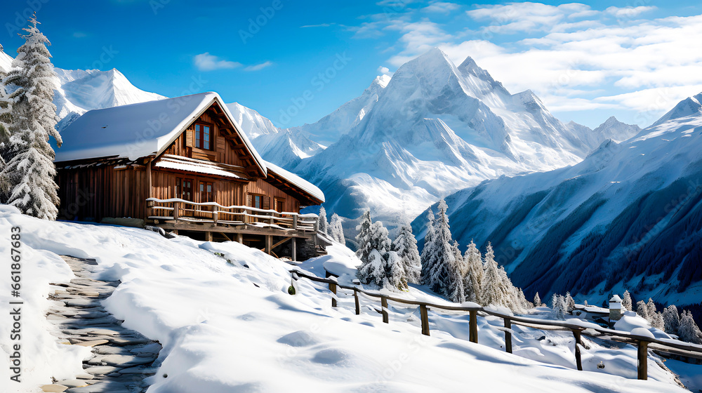 Wall mural a mountain cabin in a snowy landscape