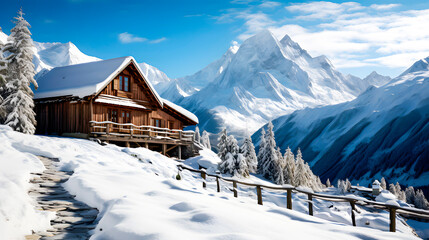 A mountain cabin in a snowy landscape - obrazy, fototapety, plakaty