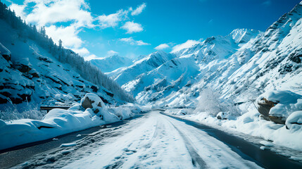 Fototapeta na wymiar A mountain road through a frozen landscape.