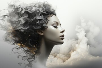 A woman with smoke coming out of her hair. AI image. - obrazy, fototapety, plakaty