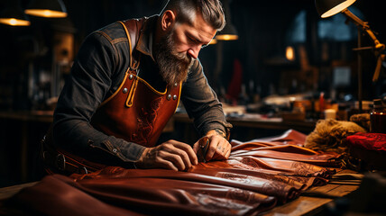 Fototapeta na wymiar craftsman working with leather in workshop