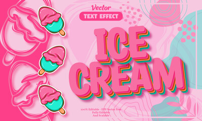 Ice Cream editable text effect with seamless pink ice cream hand drawn pattern