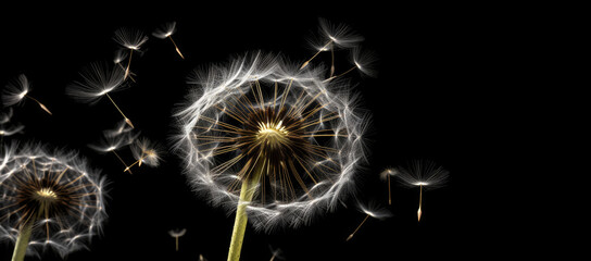 Dandelion scatters into white umbrellas, seeds on a black background