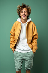 A young man in a yellow jacket and green shorts. AI image. Kid in casual wear.