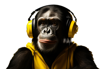 monkey listening to music from earphones, transparent background