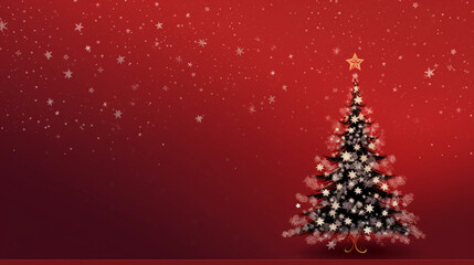 Christmas tree greeting card on snowy red background. Invitation for Christmas and New Year
