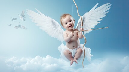 Baby cupid angel with wings bow and arrow flying on the blue sky background. - obrazy, fototapety, plakaty