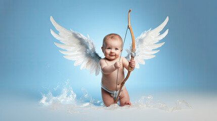 Baby cupid angel with wings bow and arrow flying on the blue sky background.