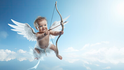 Baby cupid angel with wings bow and arrow flying on the blue sky background. - obrazy, fototapety, plakaty