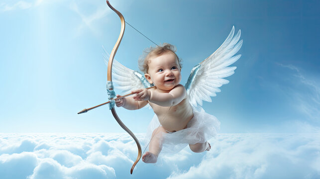 Baby cupid angel with wings bow and arrow flying on the blue sky background.