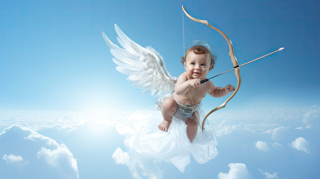 Baby cupid angel with wings bow and arrow flying on the blue sky background.