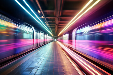 Subway station with a motion blurred high speed train passing by