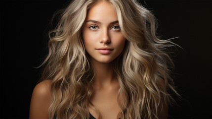 Beautiful smiling woman with long blonde wavy hair on a black background. Girl with beautiful hairstyle. content for a beauty salon and spa center.  - obrazy, fototapety, plakaty