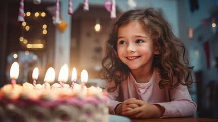 Little birthday girl blowing out candles on cake at home - Powered by Adobe