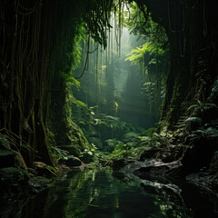 River flowing calmly inside a cave with an opening through which light enters and the lush vegetation of the rainforest