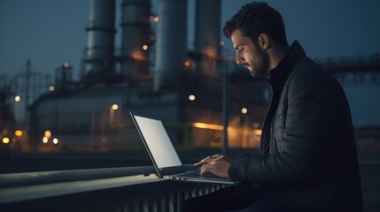 Male engineer using a laptop in front of an electric power station - obrazy, fototapety, plakaty