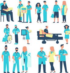 Vector illustrations of doctors, nurses, surgeons, and other healthcare providers in different medical settings
