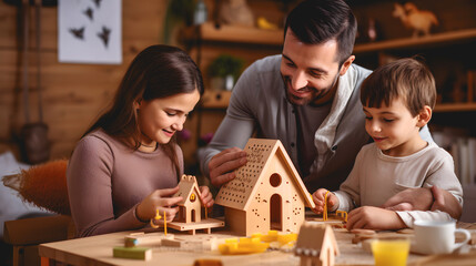 Un père et ses enfants souhaitant construire une maison dans le cadre d'un projet de résidence immobilière.  - obrazy, fototapety, plakaty