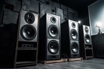 High-end loudspeakers for sound recording studio. Professional speaker box for home theater. Audio stereo system. Generative AI - obrazy, fototapety, plakaty