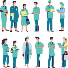 Vector illustrations of doctors, nurses, surgeons, and other healthcare providers in different medical settings
