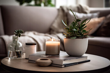cozy Modern Coffee table decor with books, a plant, books, and decorative objects
