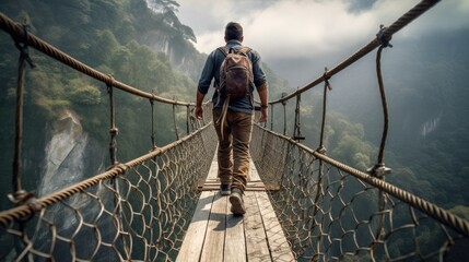 A hiker crosses a foot bridge  - obrazy, fototapety, plakaty