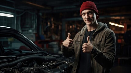 Fototapeta na wymiar Mechanic posing with a wrench in his hand and gesturing thumbs up