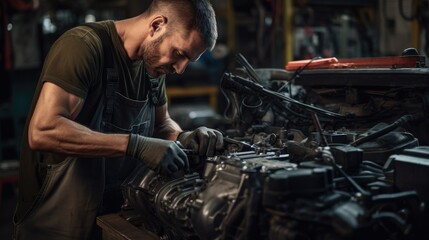 Fototapeta na wymiar Mechanic works on the engine of the car in the garage