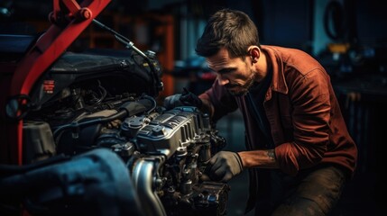 Mechanic works on the engine of the car in the garage - obrazy, fototapety, plakaty