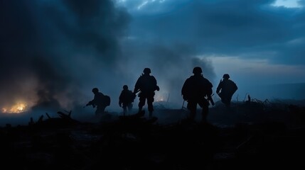 Military Silhouettes Fighting Scene on war Fog Sky