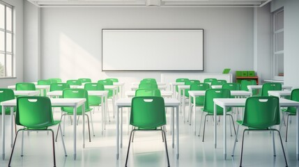 Modern white classroom with green chairs - Powered by Adobe