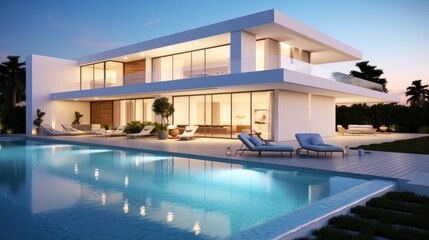Modern white house exterior with swimming pool   - obrazy, fototapety, plakaty