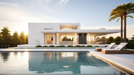 Obraz na płótnie Canvas Modern white house exterior with swimming pool 