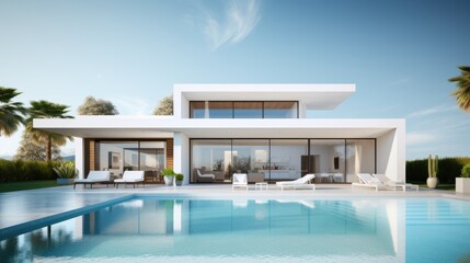 Fototapeta premium Modern white house exterior with swimming pool 