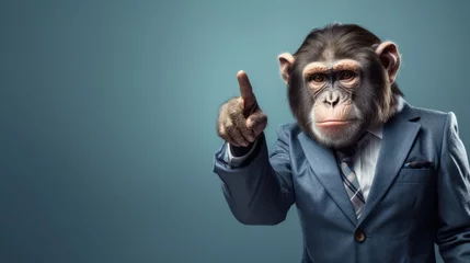 Foto op Plexiglas Monkey wearing suit and pointing to copy space © Fly Frames